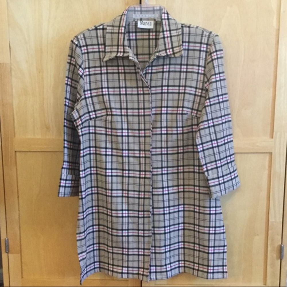 Vintage‎ Maren Tan Black & Red Plaid Tunic Button Down Blouse Top Shirt SZM
